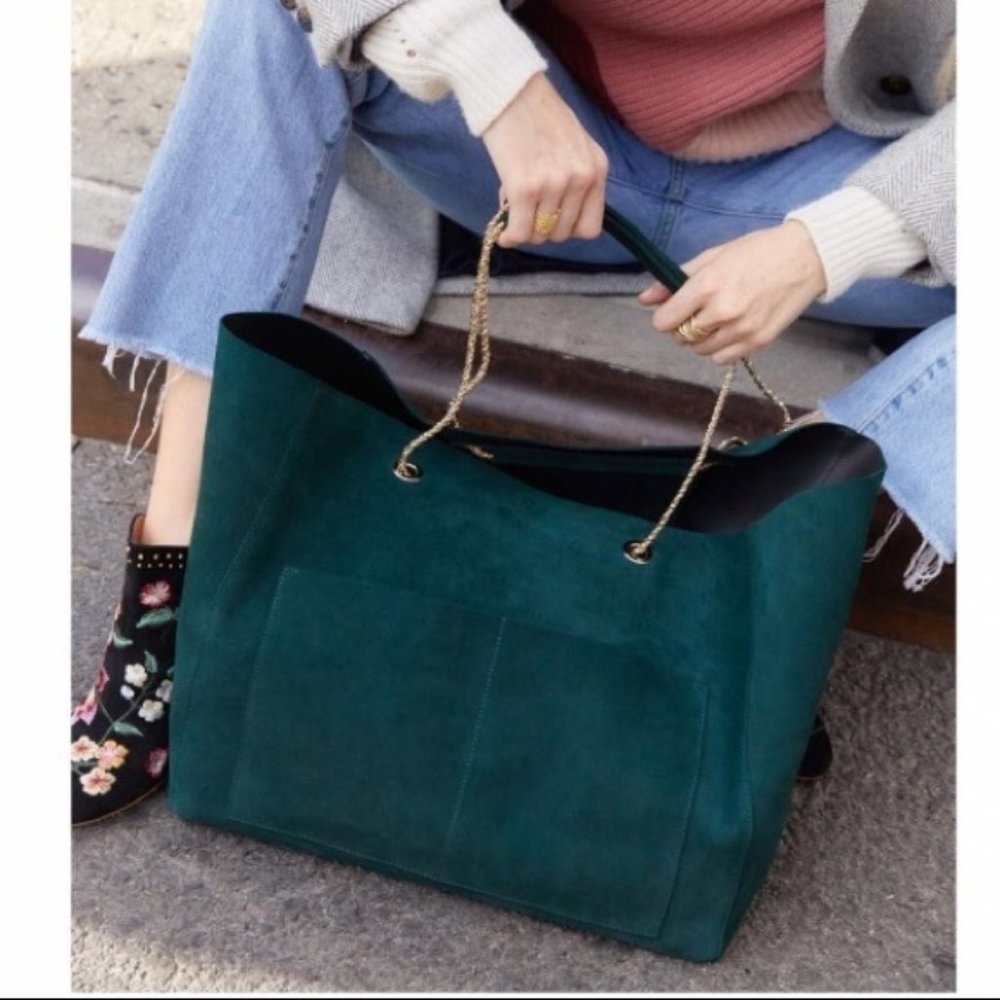 Sezane Gaby Tote Bag Suede Green